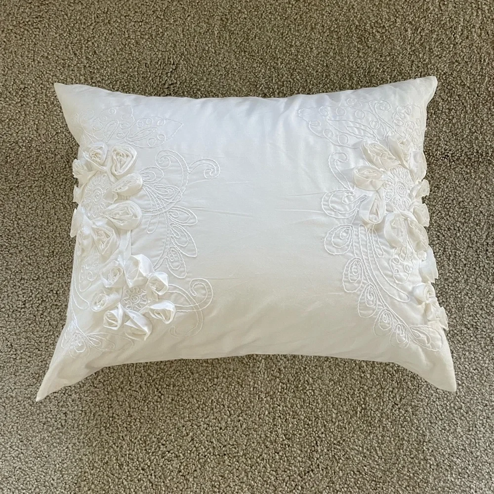 DKNY White 3D Floral Rosette Textured Lumbar Throw Pillow Accent Coastal